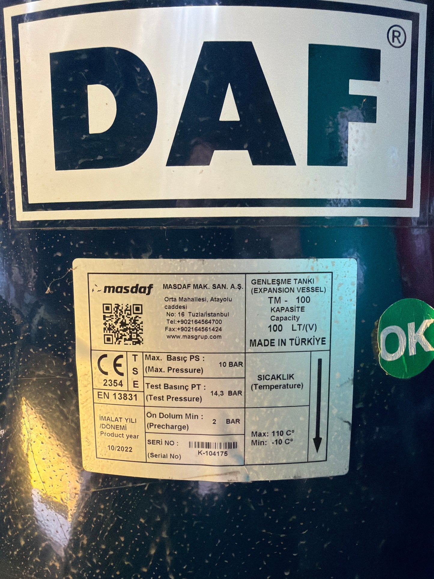 DAF Genleşme Tankı 100 Lt - Seri No: K-104175