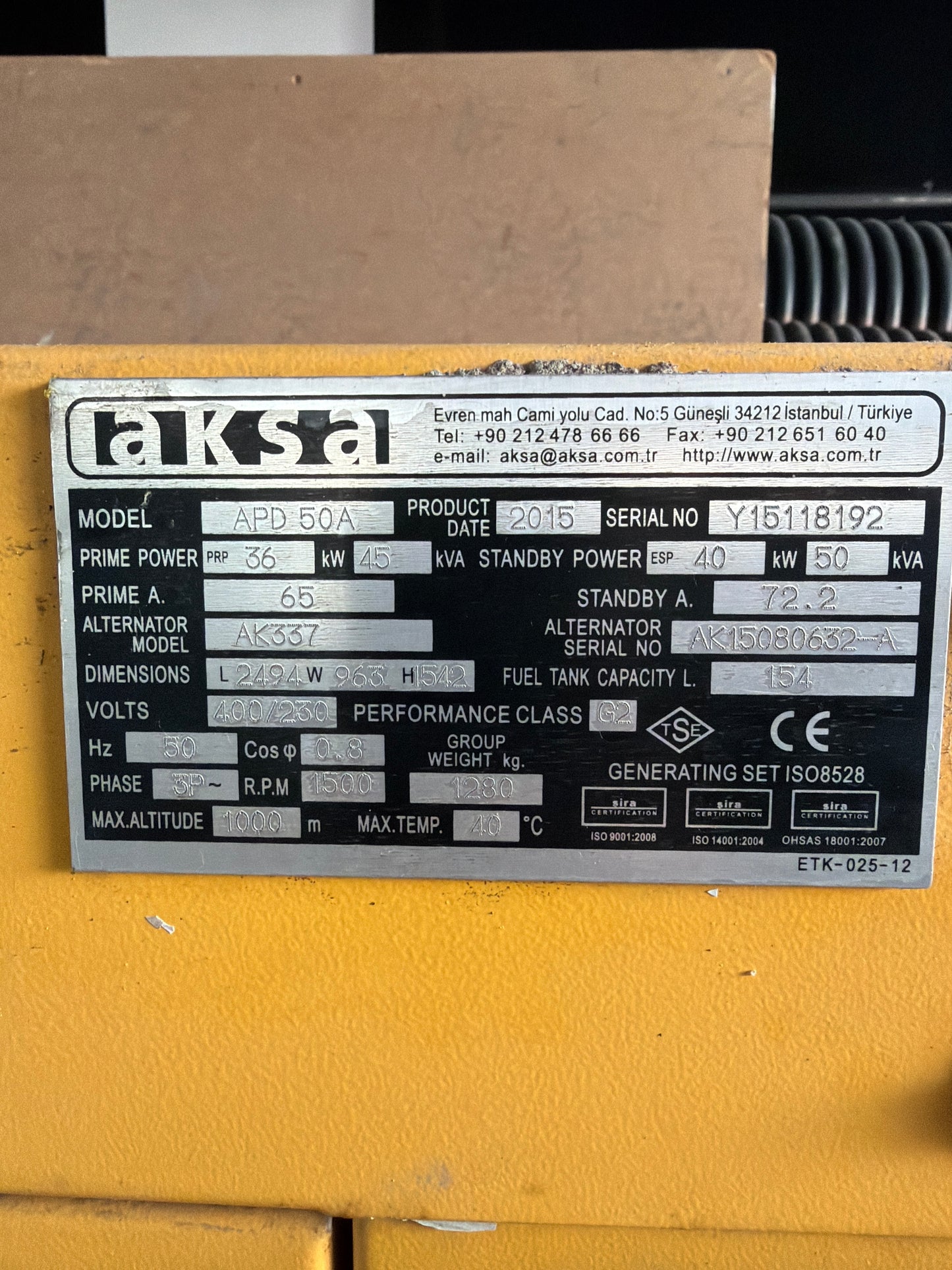 50 kVA Aksa 2015 Model Jeneratör - Ricardo Motor Kabinli