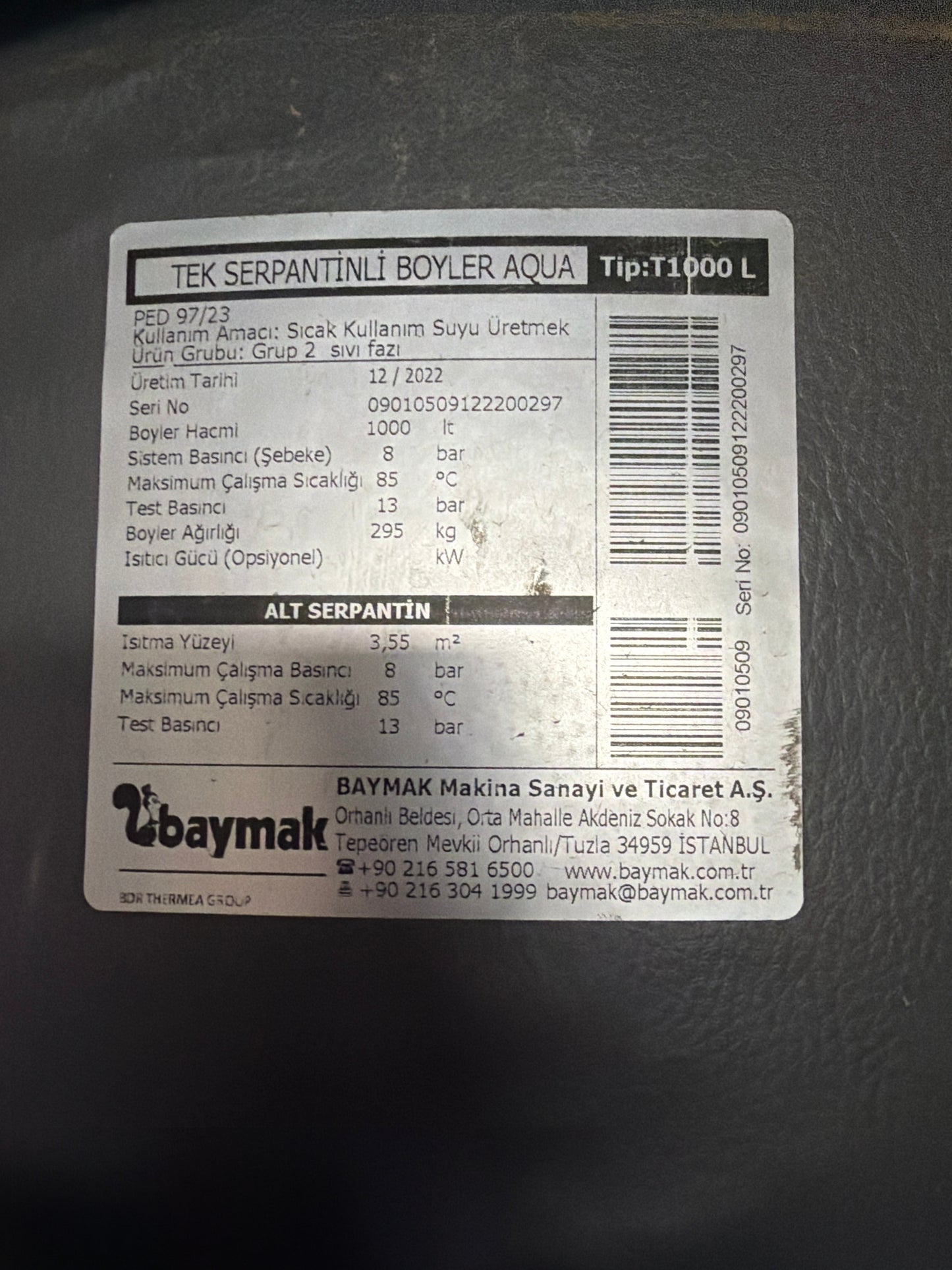 Baymak Tek Serpantinli Boyler - Tip: T1000L 1000 Litre