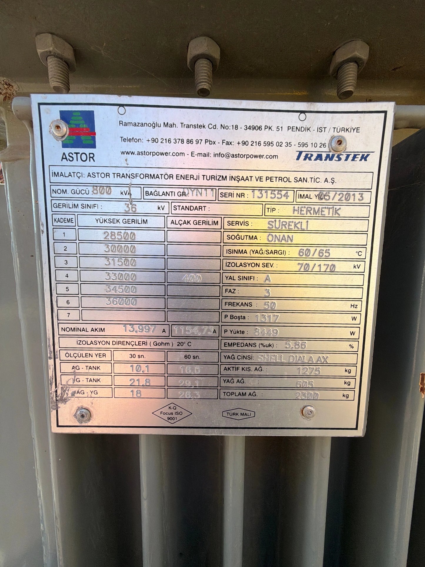 Astor 800 kVA Hermetik Yağlı Trafo – 2013 Model – İkinci El