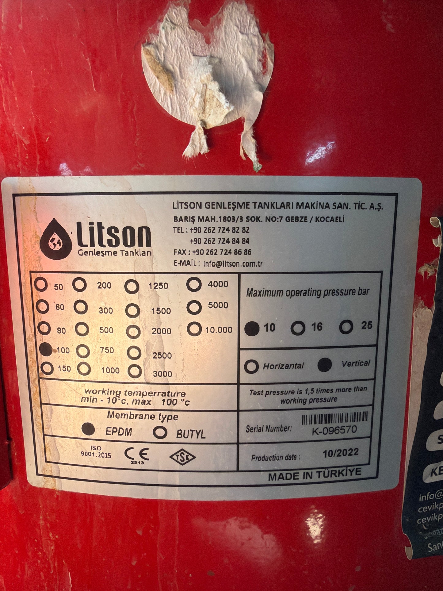 Litson Genleşme Tankı 100 Lt - 2022 Model (Seri No: K-096570)