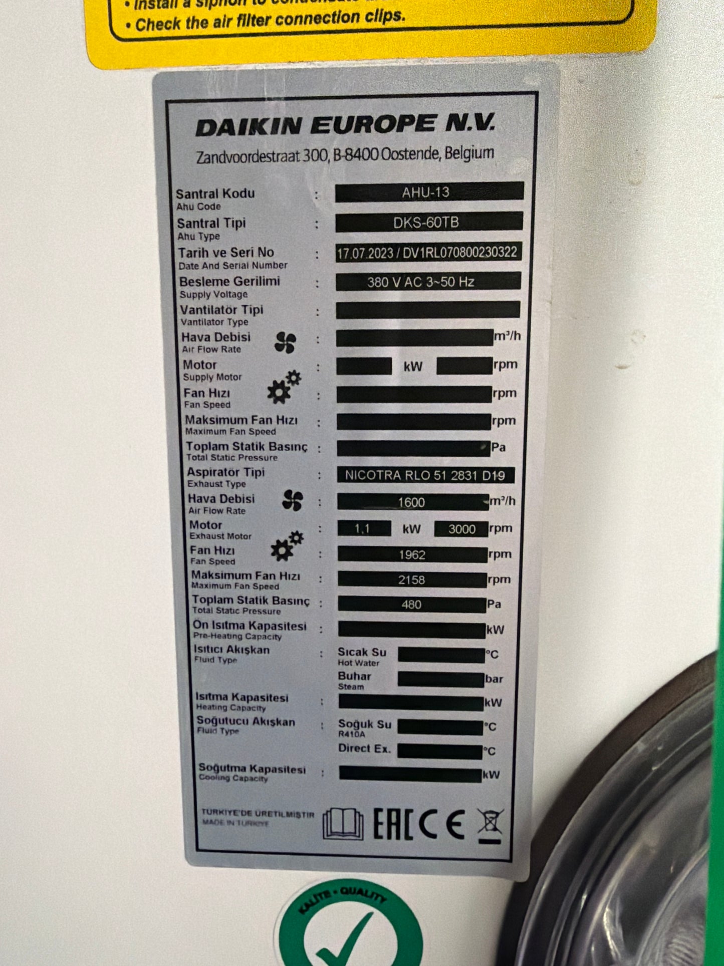 Daikin Vantilatör Santral - AHU-13 DKS-60TB Havalandırma Sistemi