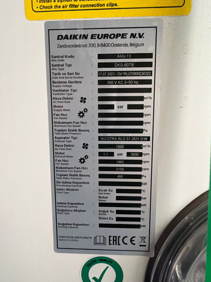 Daikin Vantilatör Santral - AHU-13 DKS-60TB Havalandırma Sistemi