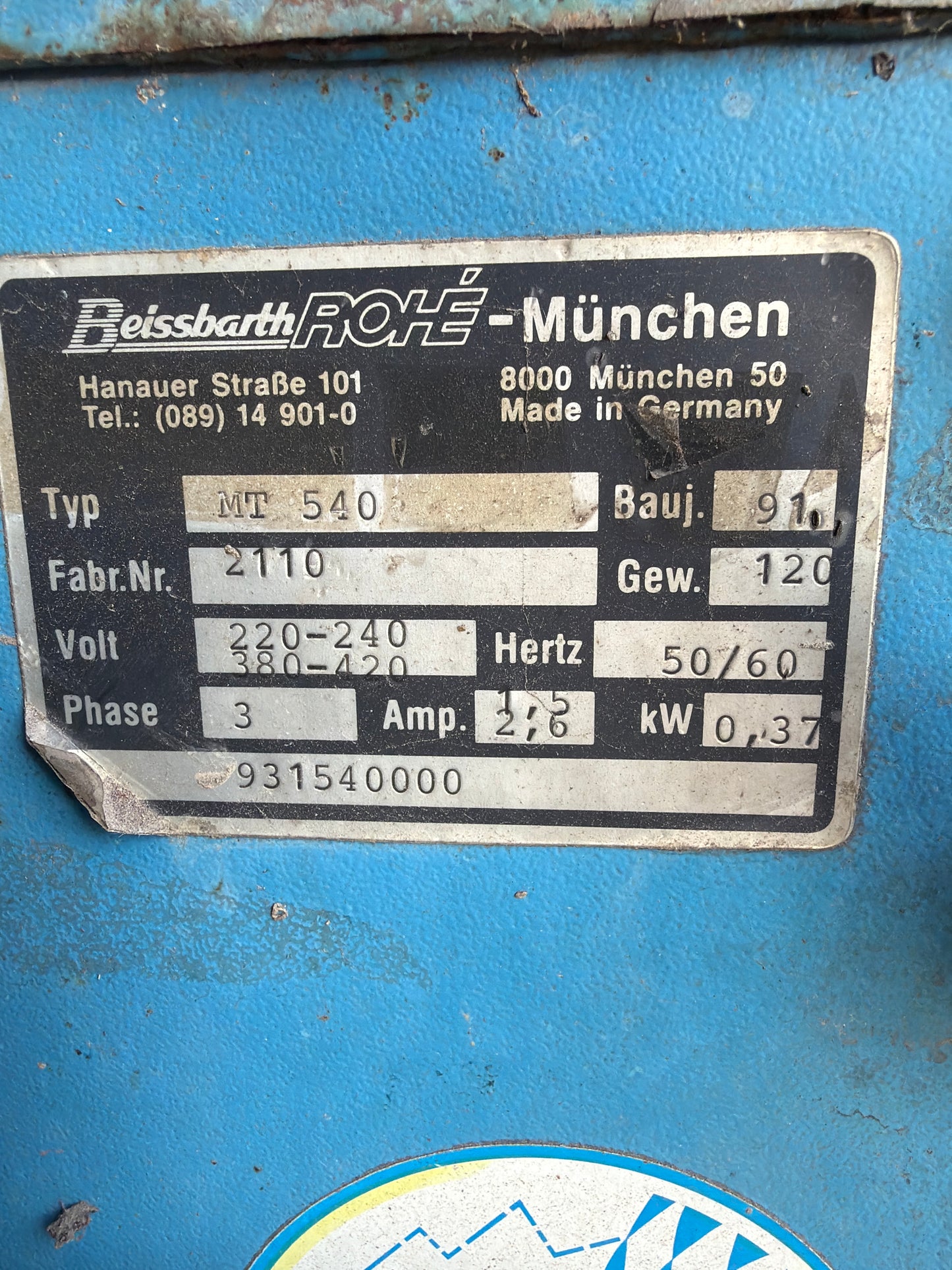 Beissbarth Rohe MT540 Balans Cihazı 0.37 kW - Seri No: 931540000