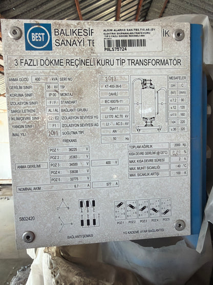 Best 3 Fazlı Döküm Reçineli Kuru Tip Transformatör 400 kVA - KT-400-36-6 (2016)