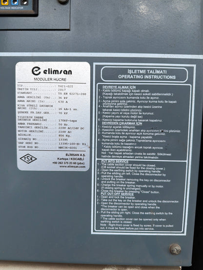 Elimsan Modüler Hücre TG21-01 - 36kV 630A Elektrik Dağıtım Panosu