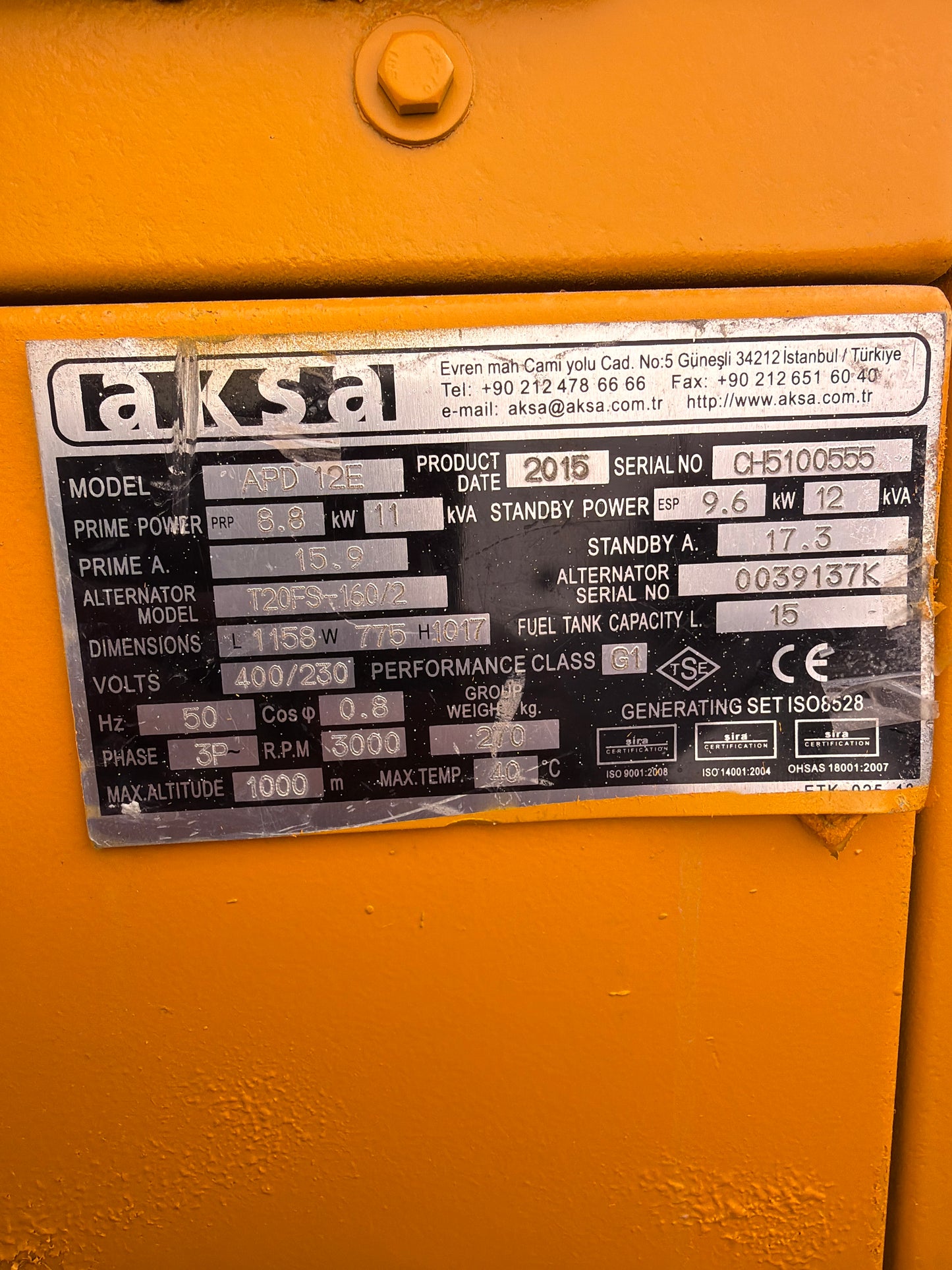 Aksa 12 kVA Kabinli Jeneratör – Perkins Motor – İkinci El