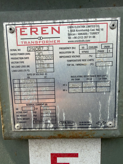 Eren Transformatör 30 kVA - Trafo-Seri No: 214067-2 (510 kg)